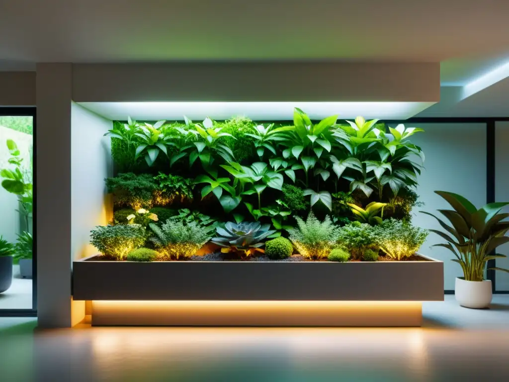 Un jardín interior iluminado con LED, exudando elegancia moderna y creando una atmósfera acogedora