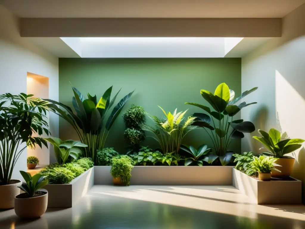 Un jardín interior iluminado de manera equitativa, con plantas verdes exuberantes y una atmósfera de tranquilidad