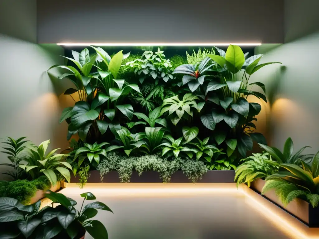 Jardín interior iluminado artificialmente con plantas exuberantes y cálidas luces, creando una atmósfera serena