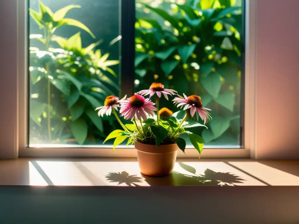 Jardín interior iluminado por el sol con cultivo de Echinacea en interiores, creando una atmósfera serena y natural