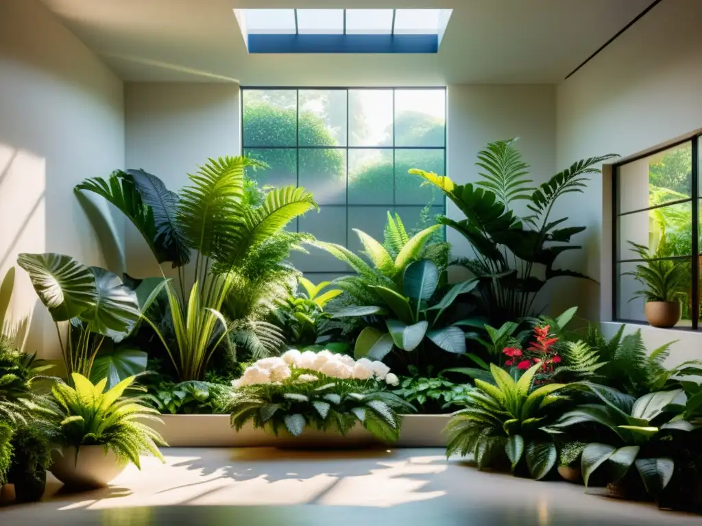 Un jardín interior iluminado por el sol, con exuberante vegetación y flores vibrantes, crea un ambiente tranquilo y acogedor