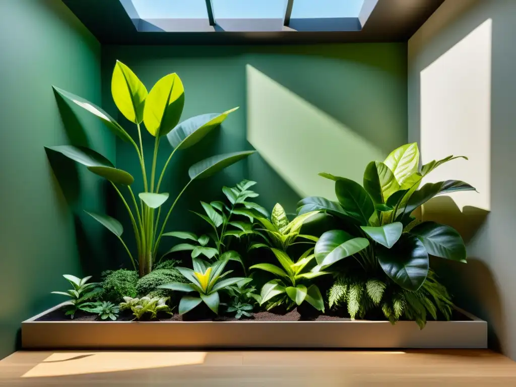 Un jardín interior iluminado por el sol, con exuberantes plantas verdes y flores delicadas