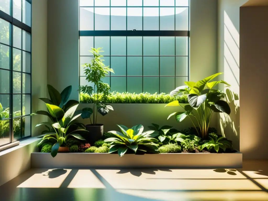 Jardín interior iluminado por el sol con plantas exuberantes cerca de una ventana, creando una atmósfera tranquila y acogedora con iluminación natural para plantas de interior