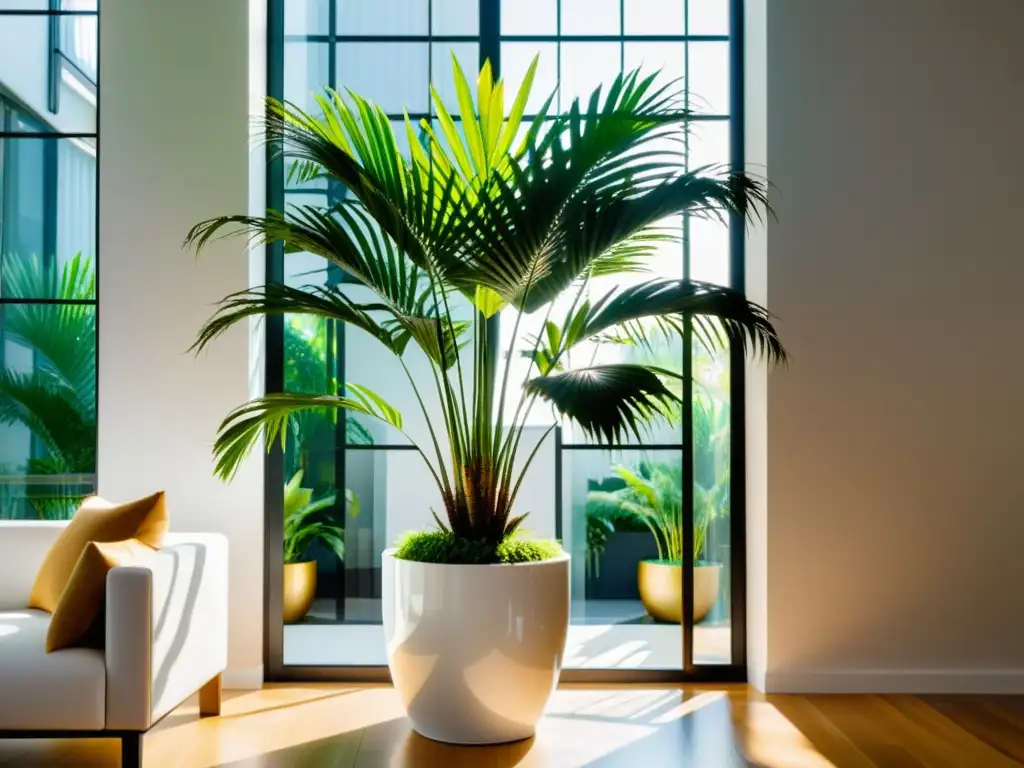 Areca palm en interior luminoso, creando ambiente tropical