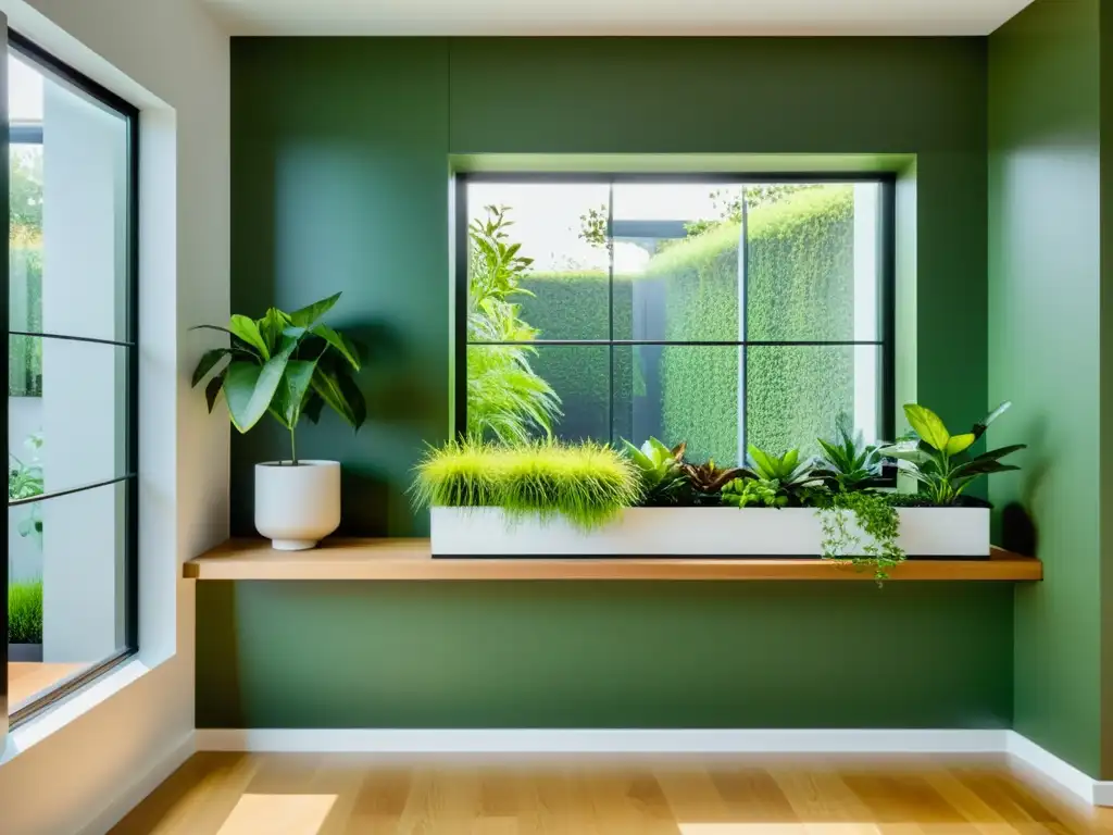 Un jardín interior minimalista en un espacio reducido, fusionando naturaleza y diseño contemporáneo