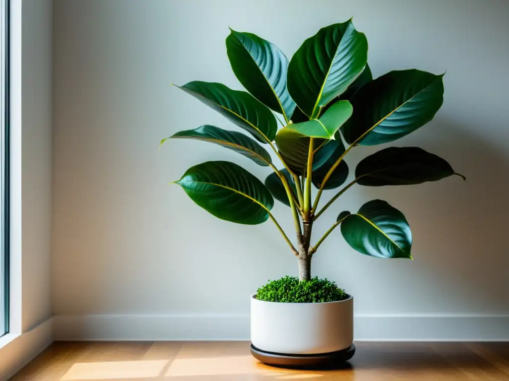 Interior minimalista bien iluminado con un Ficus Filosófico saludable como punto focal, evocando tranquilidad y mindfulness