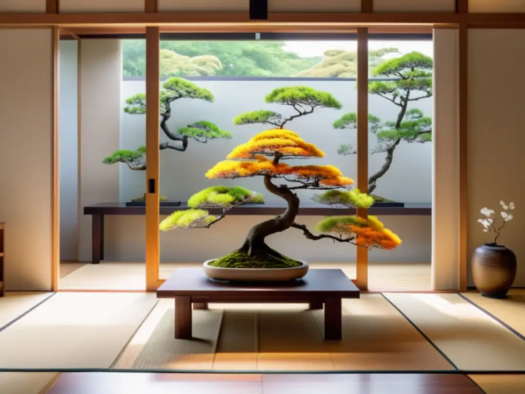 Interior minimalista de inspiración japonesa con bonsáis de flor para interior, ventana que ilumina la estancia con luz natural