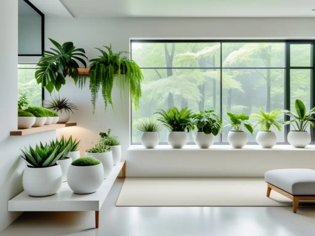 Interior minimalista con plantas de clima frío en elegantes macetas blancas, destacando su belleza con luz natural