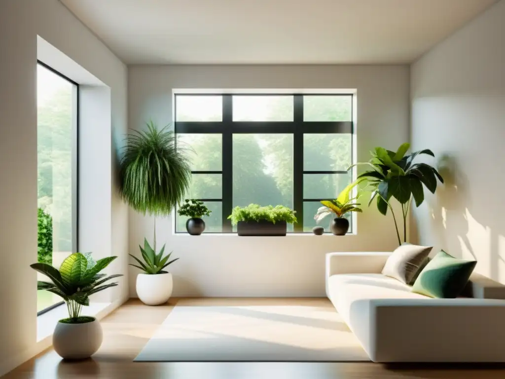 Interior minimalista con plantas colgantes para espacios limitados, elegancia contemporánea en un espacio luminoso y natural