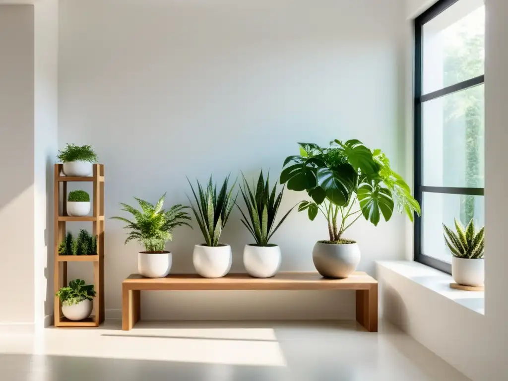 Un jardín de interior minimalista con plantas cuidadosamente dispuestas en estantes modernos, bañado por la luz natural