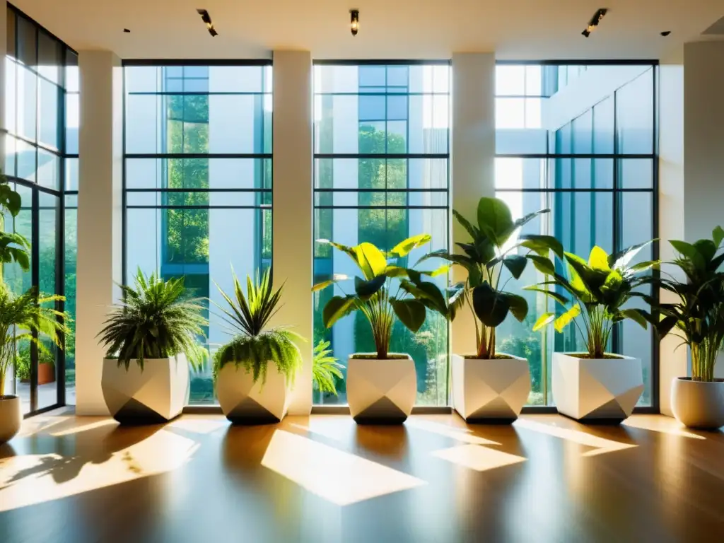 Un interior minimalista con plantas de interior exuberantes en modernos maceteros geométricos, perfecto para combatir el síndrome del edificio enfermo