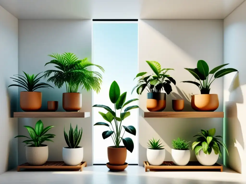 Interior minimalista con plantas de interior con propiedades curativas en estantes limpios y bien iluminado