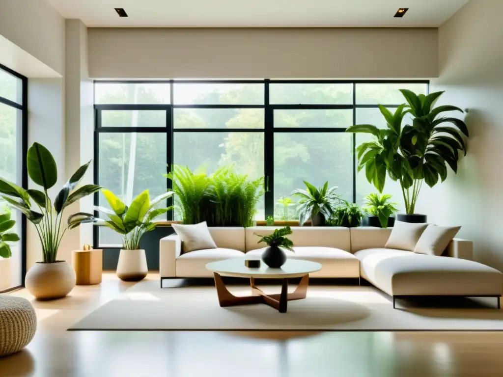 Interior minimalista con plantas de interior beneficios psicología, creando un ambiente sereno y calmante con su exuberancia y vitalidad