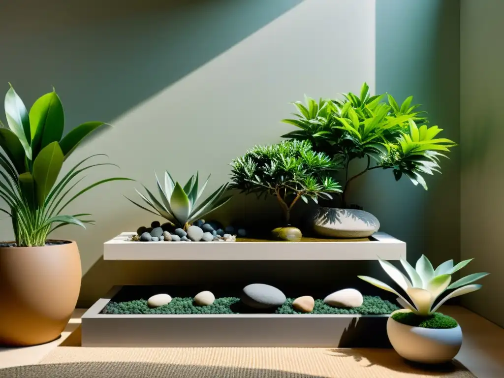 Un jardín de interior minimalista con plantas, rocas y una fuente siguiendo el Feng Shui con plantas de interior, bañado en luz suave