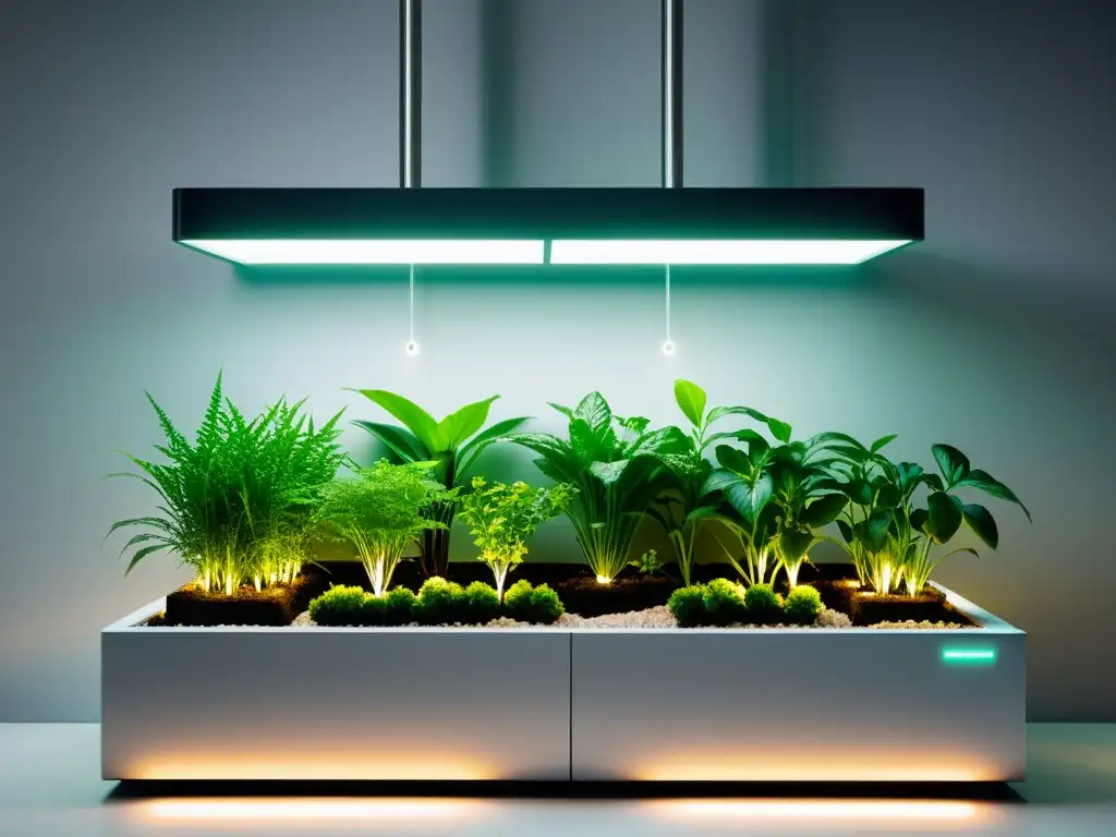 Un jardín interior moderno y elegante con aplicaciones prácticas de biotecnología para plantas, iluminado por LED suave