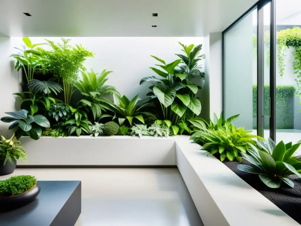 Un jardín interior moderno y elegante, lleno de plantas verdes vibrantes de varios tamaños y formas