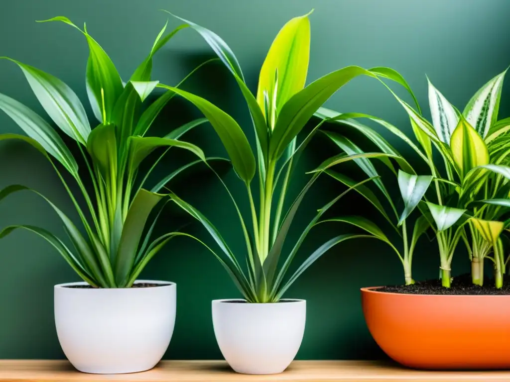 Un jardín interior moderno y elegante lleno de plantas verdes exuberantes como plantas araña, lirios de la paz y sansevierias en macetas minimalistas