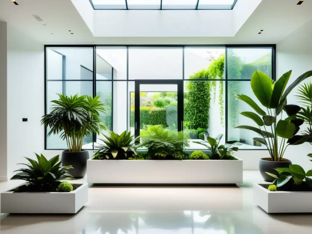 Un jardín interior moderno y elegante con plantas exuberantes en macetas, bañado por luz natural