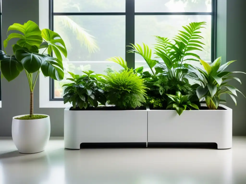 Un jardín interior moderno y elegante con plantas verdes exuberantes en macetas blancas, bañado por luz natural