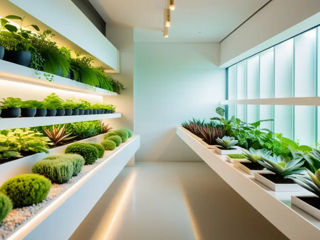 Un jardín interior moderno y elegante con plantas exuberantes organizadas en estantes blancos minimalistas, iluminado por una suave luz natural