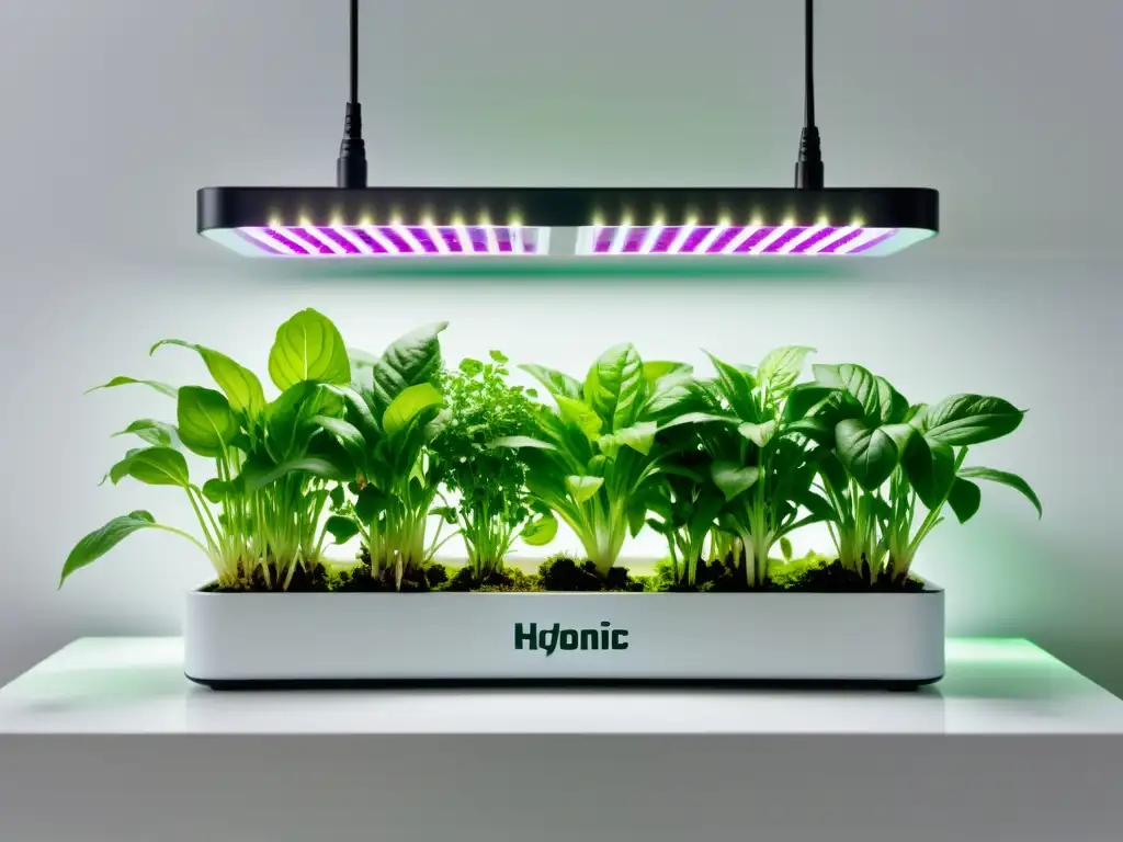 Un jardín hidropónico interior moderno y elegante con plantas vibrantes iluminadas por LED cálido