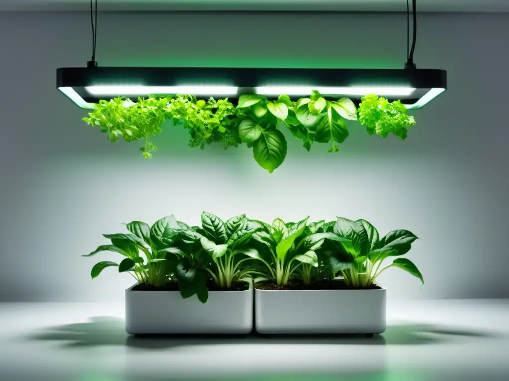 Un jardín de hidroponía interior moderno y elegante con verduras de hojas verdes vibrantes, iluminado por luces LED