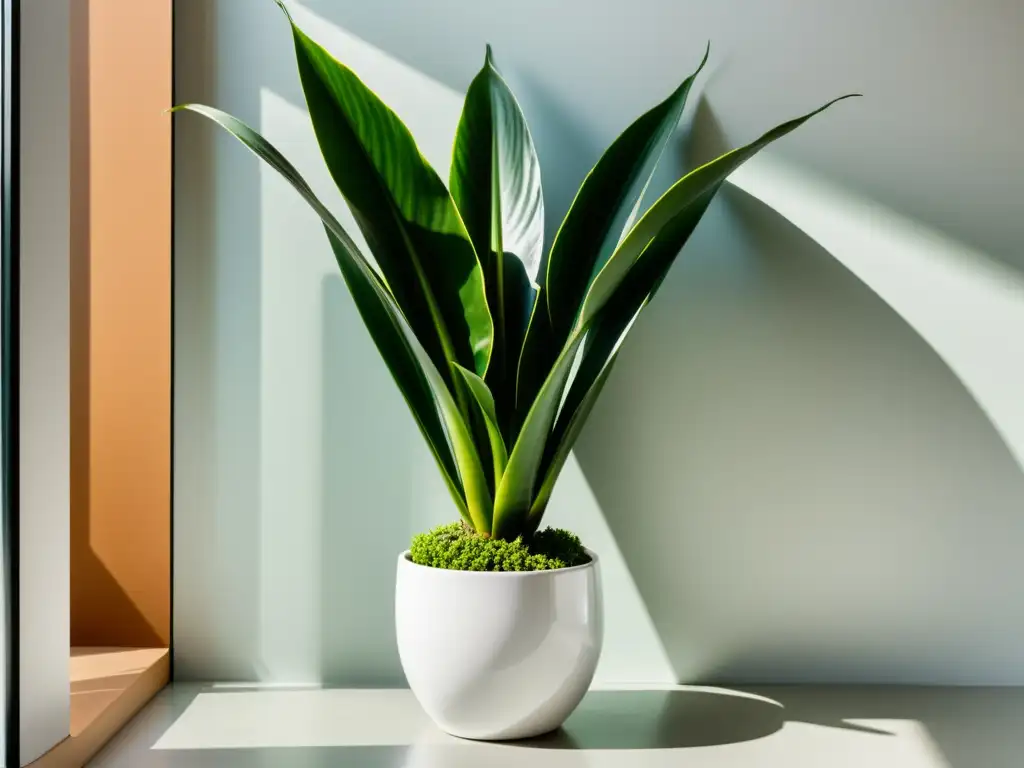 Un interior moderno con una exuberante planta de serpiente en maceta blanca, ideal para plantas de interior de poca luz