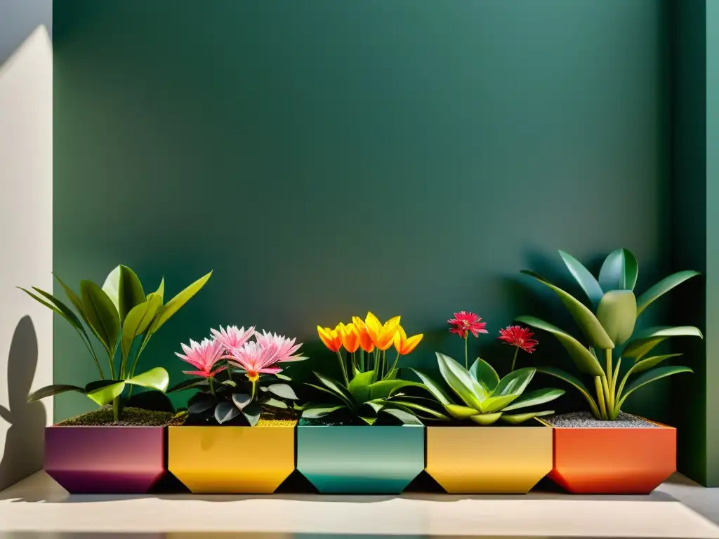 Jardín interior vibrante en 8k: Flores exóticas en diseño contemporáneo Un jardín interior moderno con flores exóticas en macetas geométricas, resaltando la mitología de las flores de interior