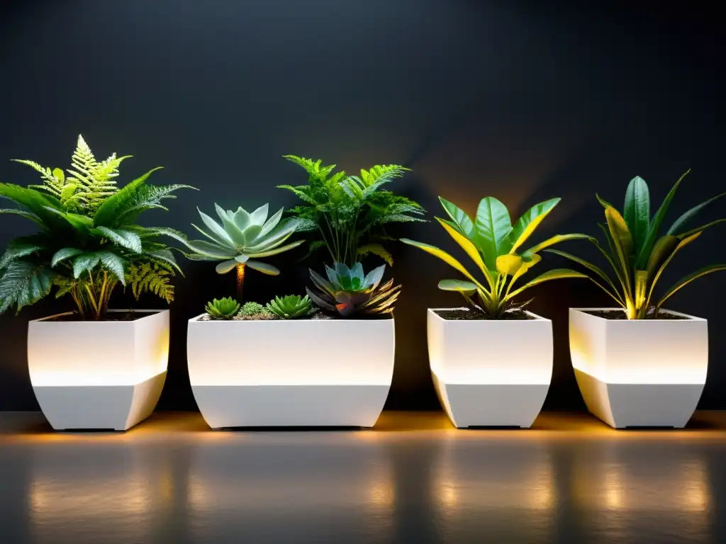 Un jardín interior moderno iluminado por suaves luces LED, resaltando la belleza natural de las plantas en macetas blancas