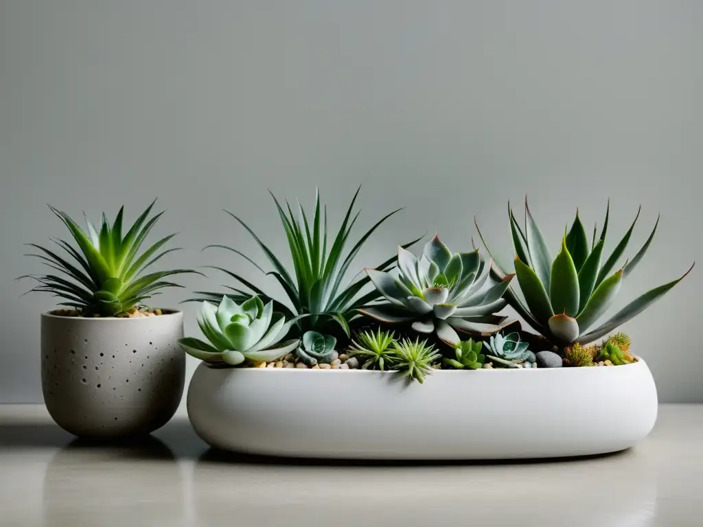 Un jardín interior moderno, lleno de suculentas y plantas aéreas, bañado en luz natural