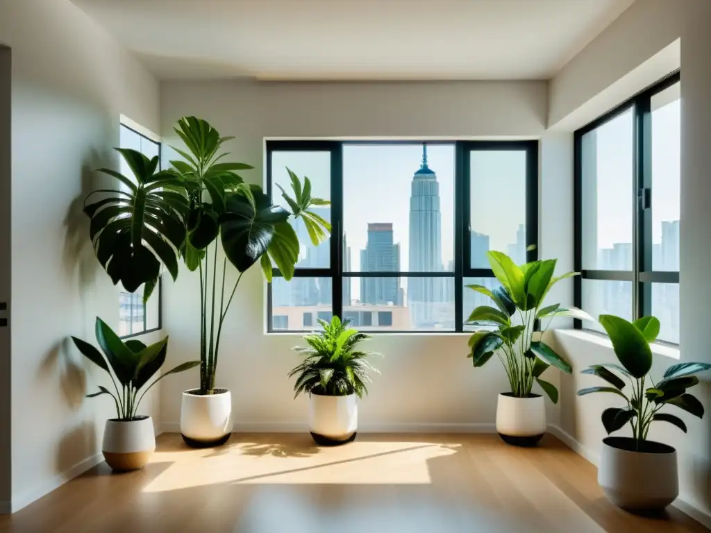 Interior moderno con las mejores plantas de interior para aire, creando un ambiente minimalista y lleno de vida