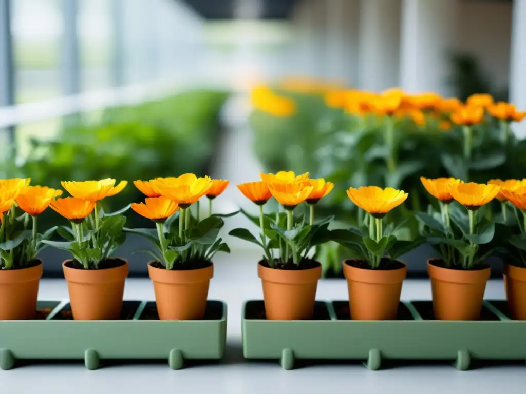 Un jardín interior moderno y minimalista con cultivo de caléndula medicinal en interiores, evocando productividad y bienestar