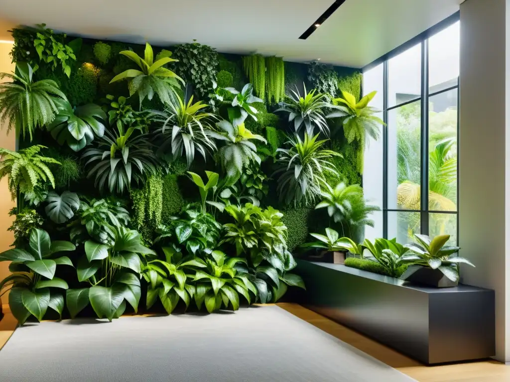 Un interior moderno y minimalista con un impresionante muro verde vertical de plantas tropicales