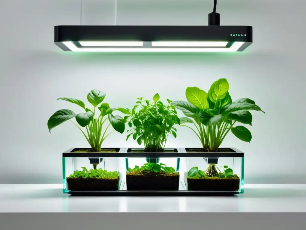 Un jardín hidropónico interior moderno y minimalista con plantas vibrantes en nutrientes, en un ambiente futurista y sostenible