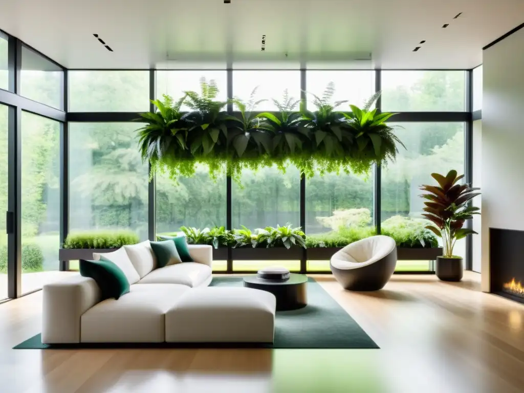 Interior moderno con plantas para aislar acústicamente interiores, ventanales y luz natural, creando un ambiente sereno y tranquilo