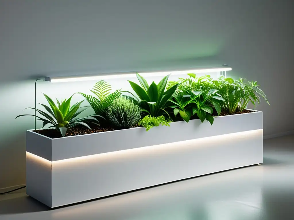 Jardín interior moderno: plantas verdes y luces LED Un jardín interior moderno con plantas exuberantes y luces LED energéticamente eficientes, fusionando naturaleza y tecnología