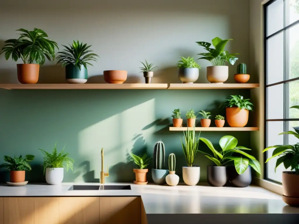 Un interior moderno con plantas de interior con propiedades curativas, creando un ambiente sereno y saludable