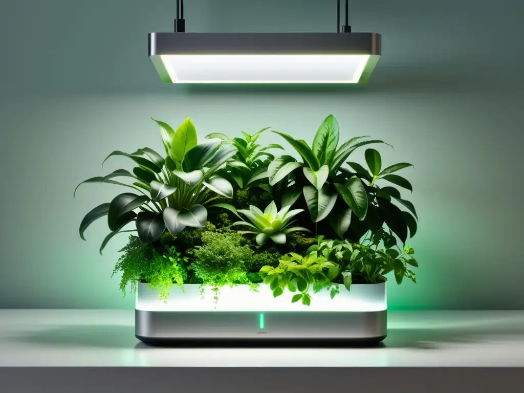 Un jardín interior moderno, con plantas verdes vibrantes iluminadas por luces LED suaves, muestra la integración exitosa de la Inteligencia Artificial para cuidado plantas interior