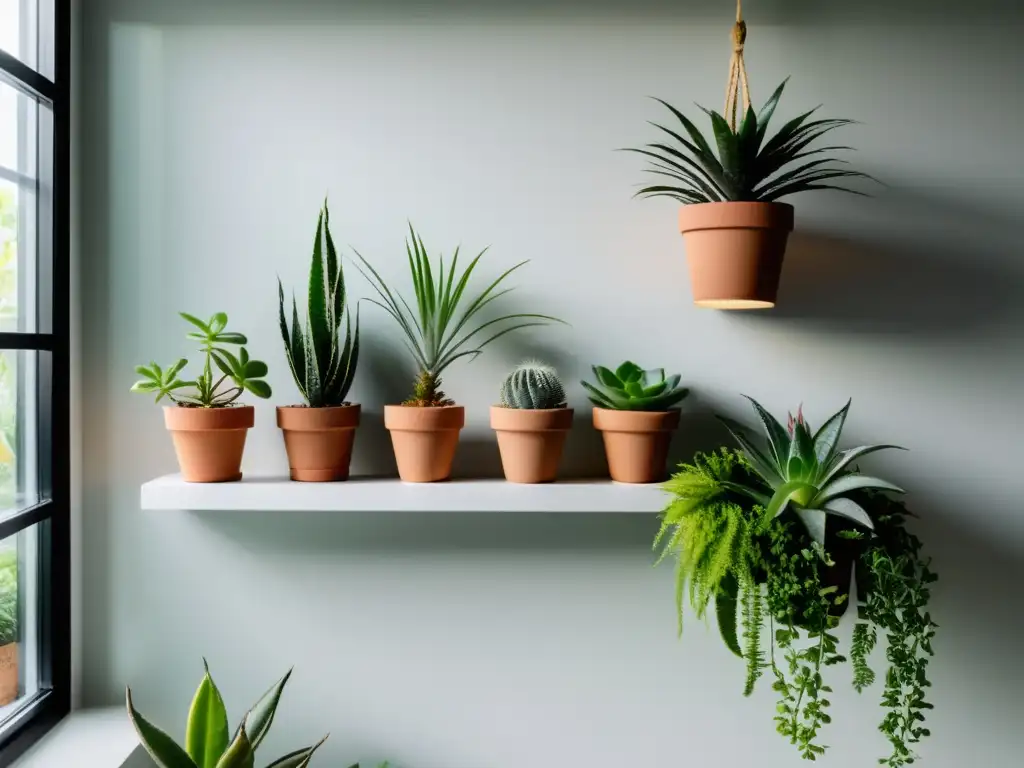 Un jardín interior moderno y sereno con plantas ideales para jardín interior, en estantes flotantes blancos