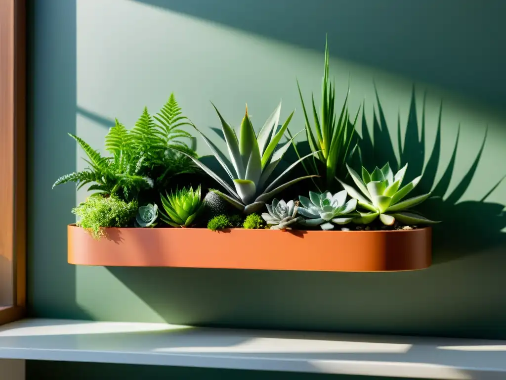 Un jardín interior moderno y vibrante con plantas ideales para jardín interior, iluminado suavemente por la luz natural