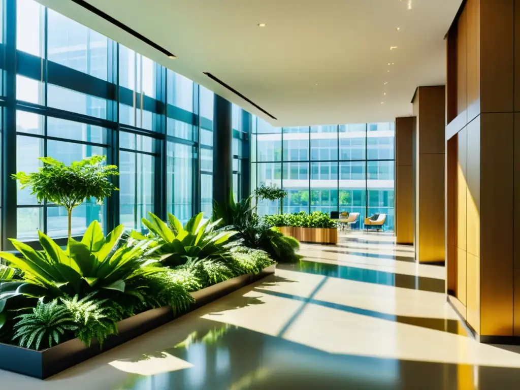 Interior de oficina moderna con plantas interiores, creando un ambiente natural que contrarresta el Síndrome del Edificio Enfermo