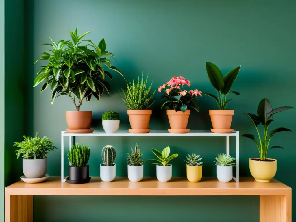 Un jardín interior organizado y sereno con plantas prósperas en estantes modernos