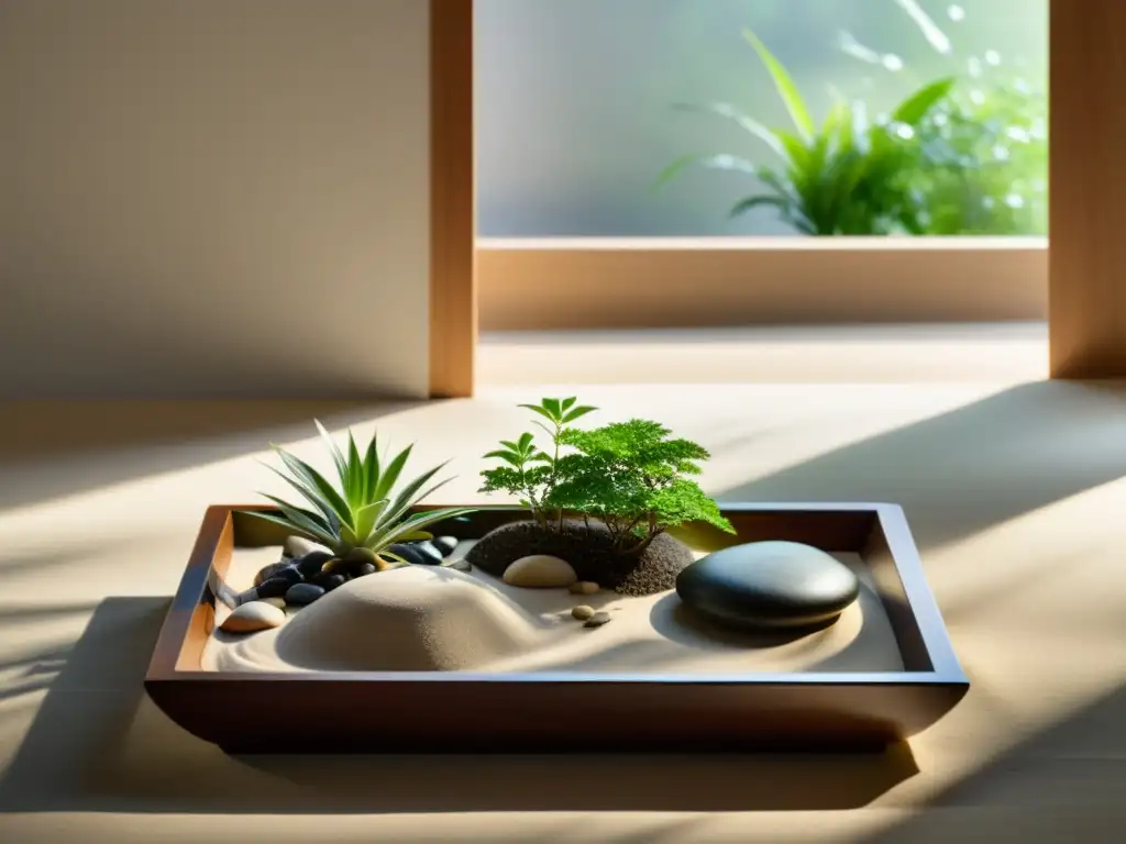 Crea un jardín zen interior con plantas en armonía y tranquilidad, iluminado por luz natural difusa