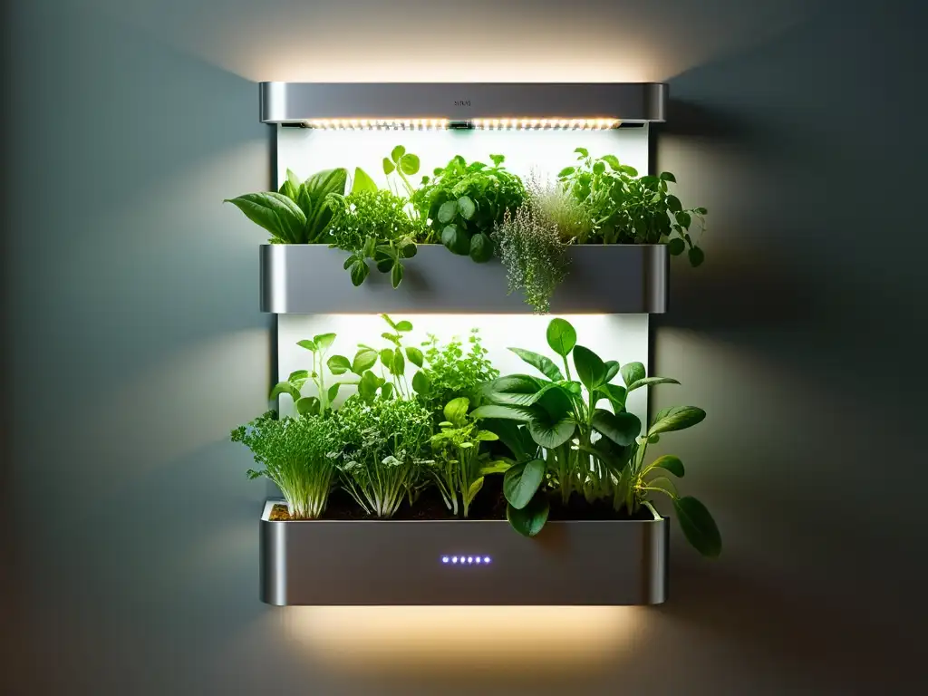 Un jardín interior de plantas comestibles, con luces LED integradas y un diseño minimalista organizado, inspira a cultivar en espacios reducidos