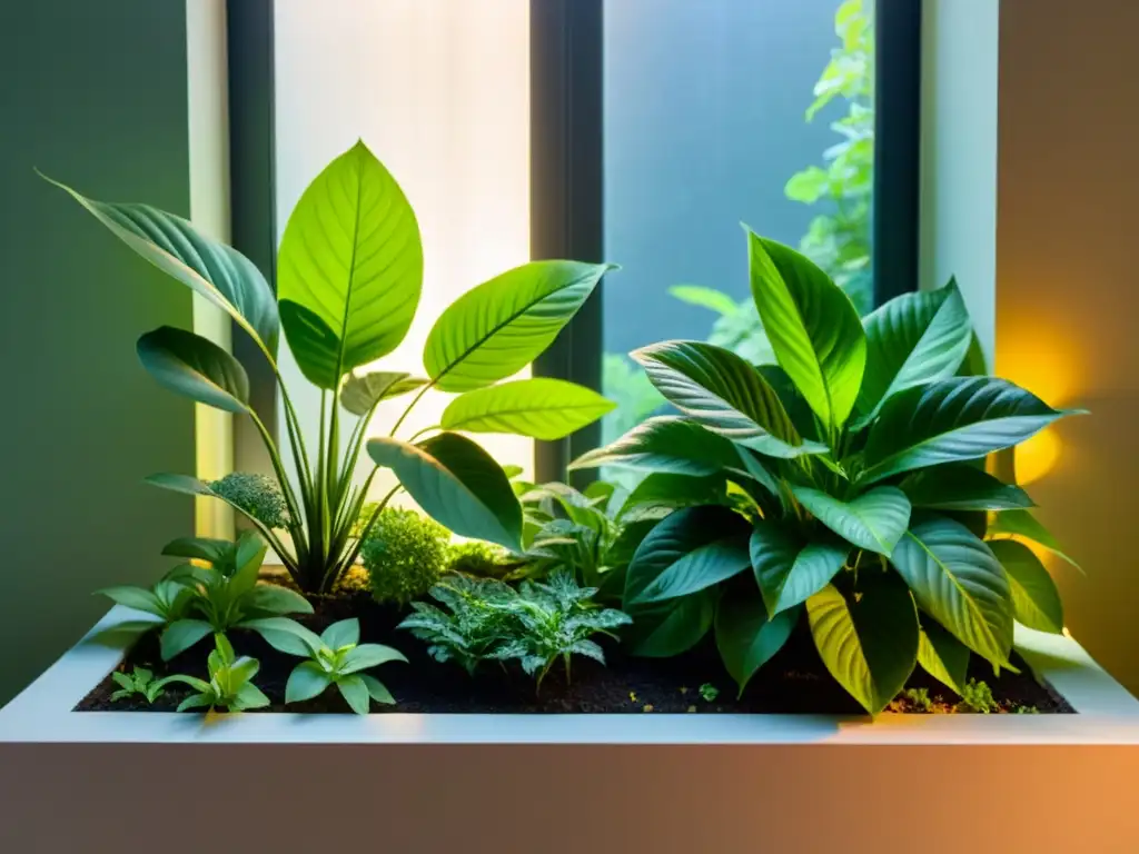 Un jardín interior con plantas exuberantes y luz cálida, perfecto para el calendario siembra plantas interior