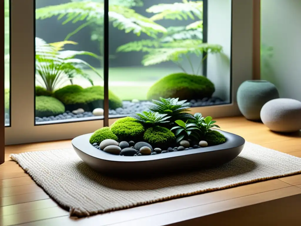 Un jardín Zen interior con plantas de interior para penumbra, rocas suaves y un sereno espacio iluminado