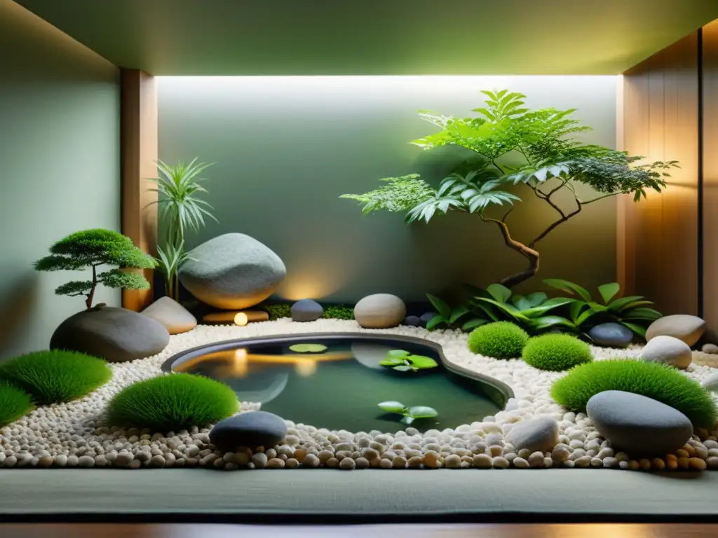 Un jardín zen interior con plantas de interior para penumbra, rocas y un estanque, iluminado por luz natural