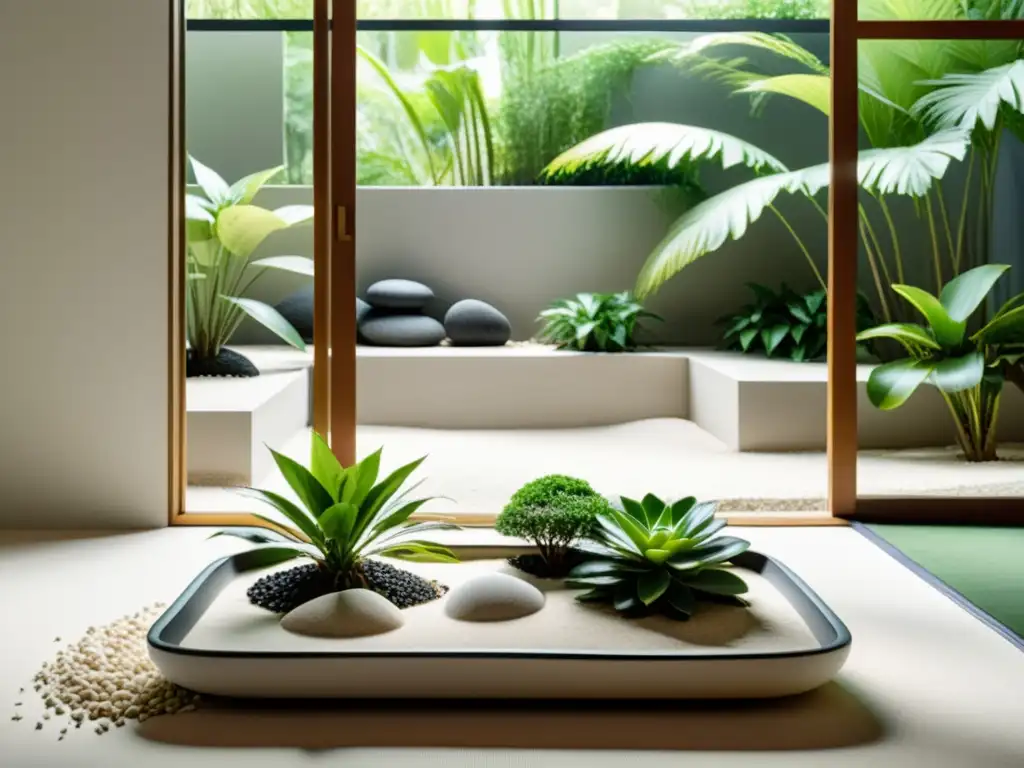 Jardín Zen interior con plantas de interior para penumbra, arena blanca, luz suave y sensación de tranquilidad