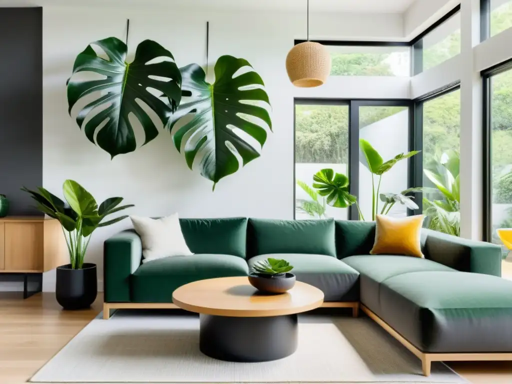 Diseño interior con plantas de interior en sala minimalista con abundante luz natural y toques de verde