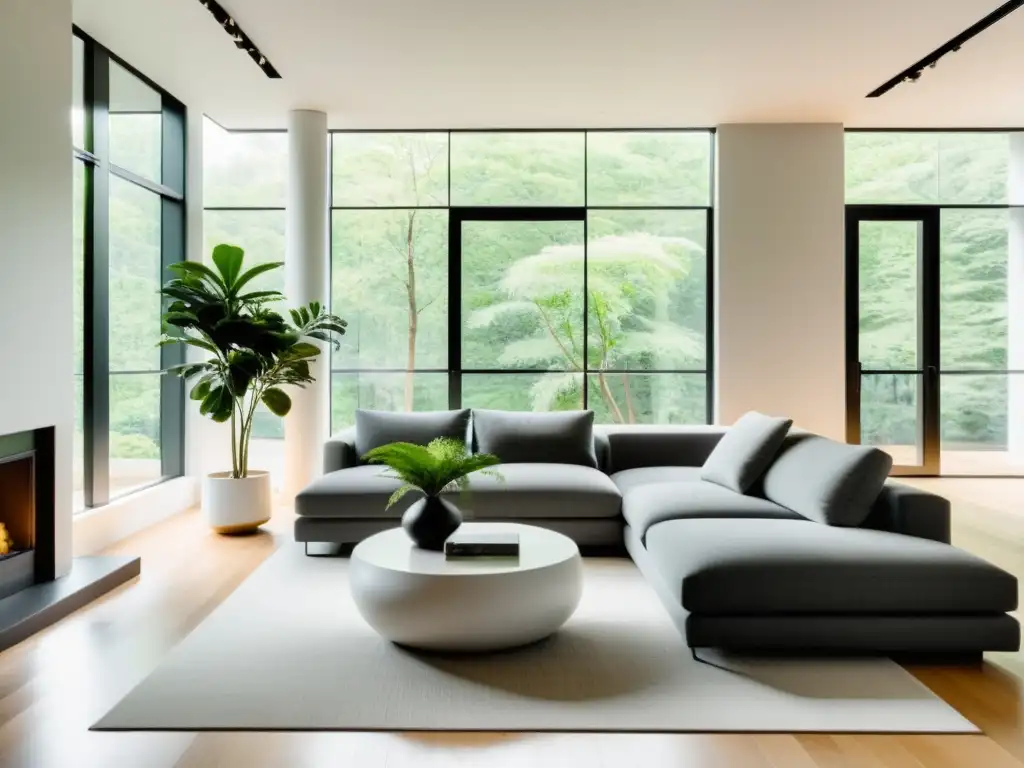 Diseño interior con plantas de interior: Sala de estar moderna y espaciosa con luz natural, sofá gris y planta de interior en maceta blanca